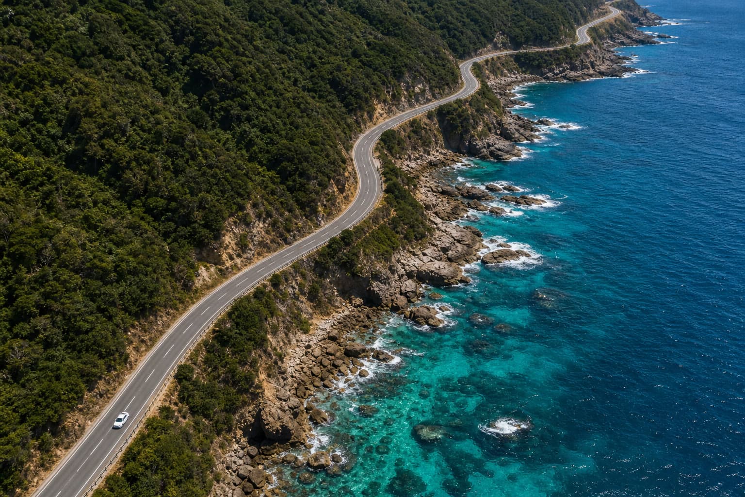 Coastal cliff road winding above turquoise ocean